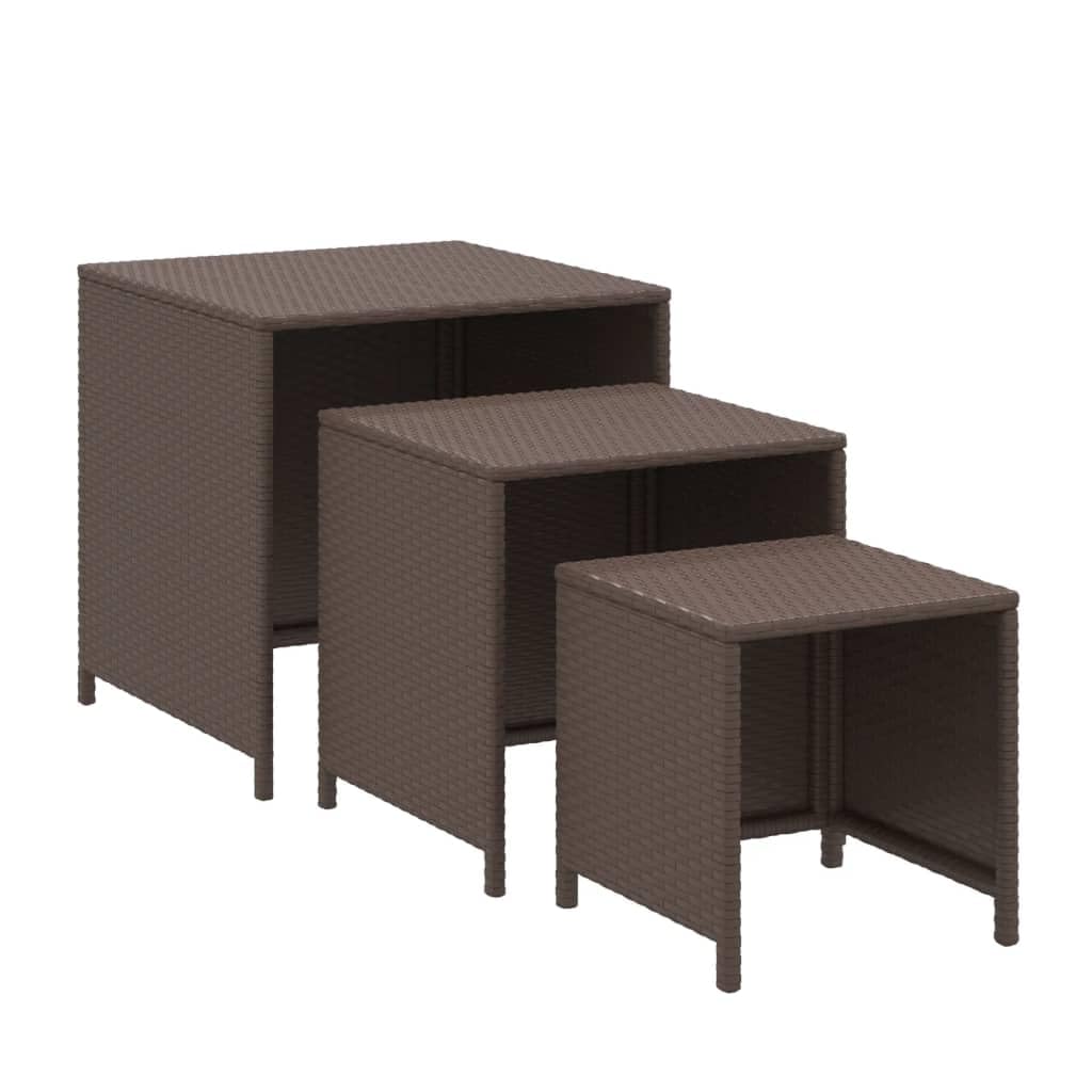 vidaXL Set of 3 Brown Poly Rattan Nesting Tables - Space-Saving, Sturdy, Easy-to-Clean, Indoor and Outdoor Use, with Powder-Coated Steel Frames