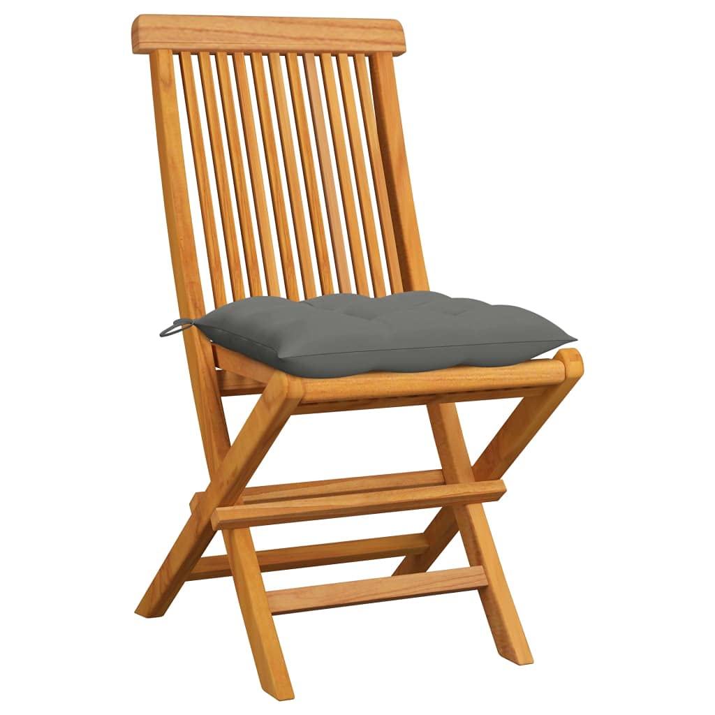 vidaXL Solid Teak Wood Patio Chairs with Gray Cushions - Thumbnail 5