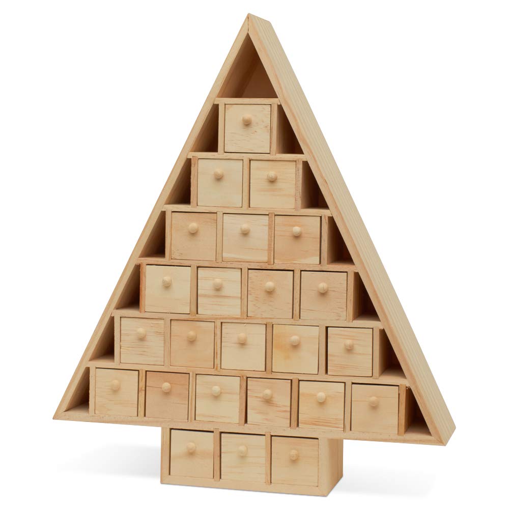 Christmas Tree Wooden Advent Calendar 15 x 13 Inch, Pack of 1 Christmas Advent Calendar With 24 Empty Drawers for DIY, by Woodpe
