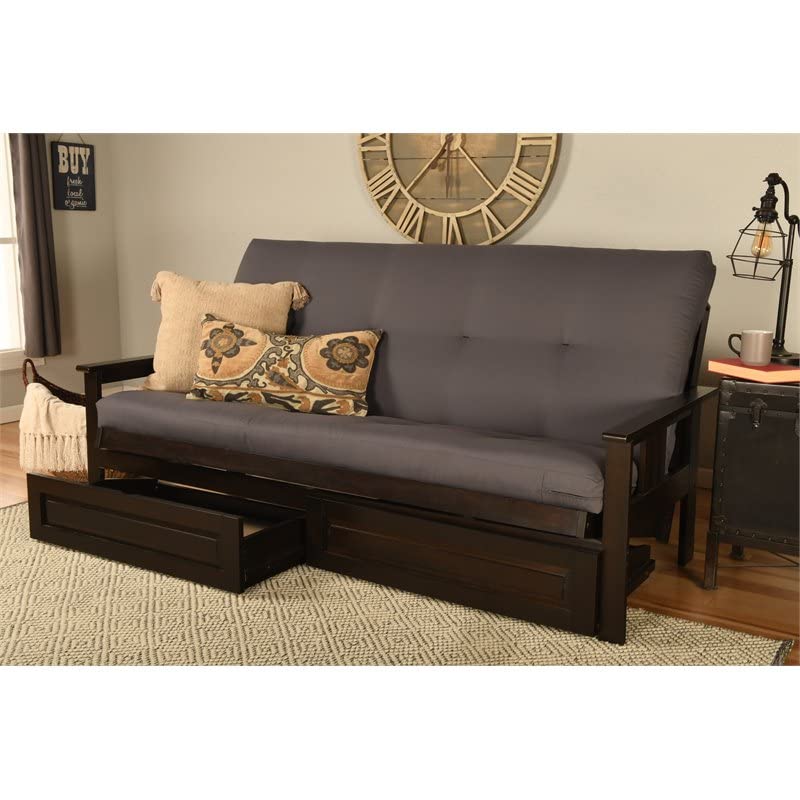 Kodiak Furniture Monterey Espresso Storage Wood Futon with Twill Gray Mattress