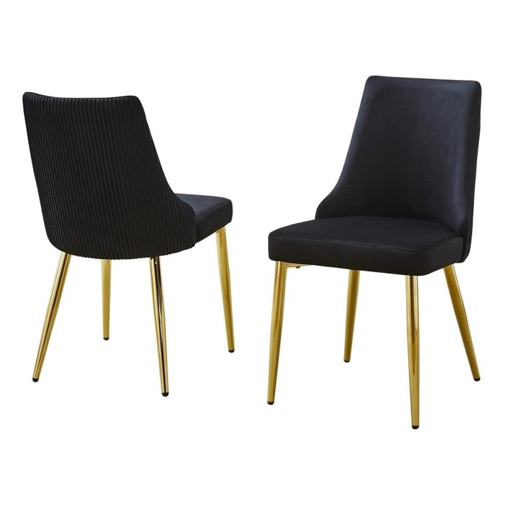 Set Of 2 Velvet Side Chairs In Black And Pleated Back