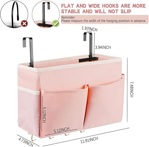 Frjjthchy Bedside Storage Organizer 5 Pockets With 4 Hooks Hanging Storage Bag For Headboards/Bunk Bed (2Pack Pink)