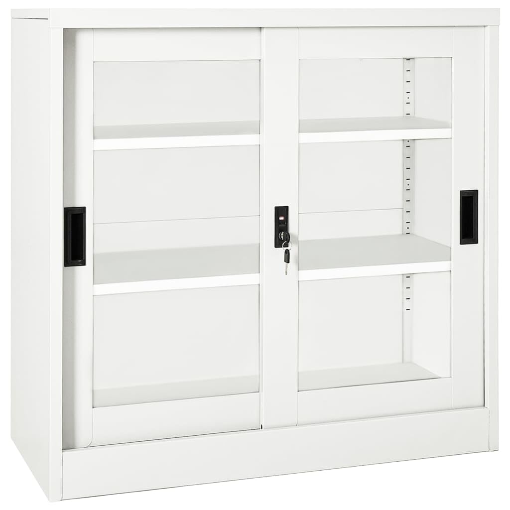 vidaXL White Steel Filing Cabinet with Sliding Doors & Adjustable Shelves - Secure Office Storage Cabinet with Lock System, 35.4