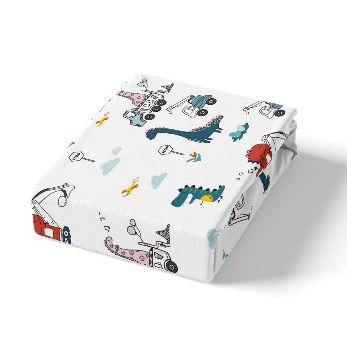 Feelyou Cartoon Dino Excavator Sheet Set Twin Size, Dinosaur Construction Bed Sheets Set Kids Toddler Construction Vehicles Shee