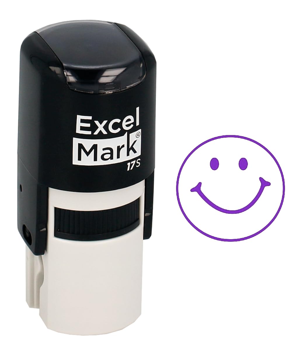 Smiley Face - Excelmark Self-Inking Round Teacher Stamp - Purple Ink