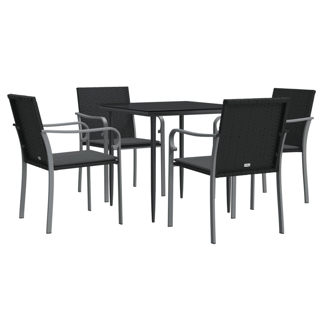 vidaXL 5 Piece Outdoor Patio Dining Set with Cushioned Seating - Poly Rattan and Steel Construction, Tempered Glass Tabletop in Black
