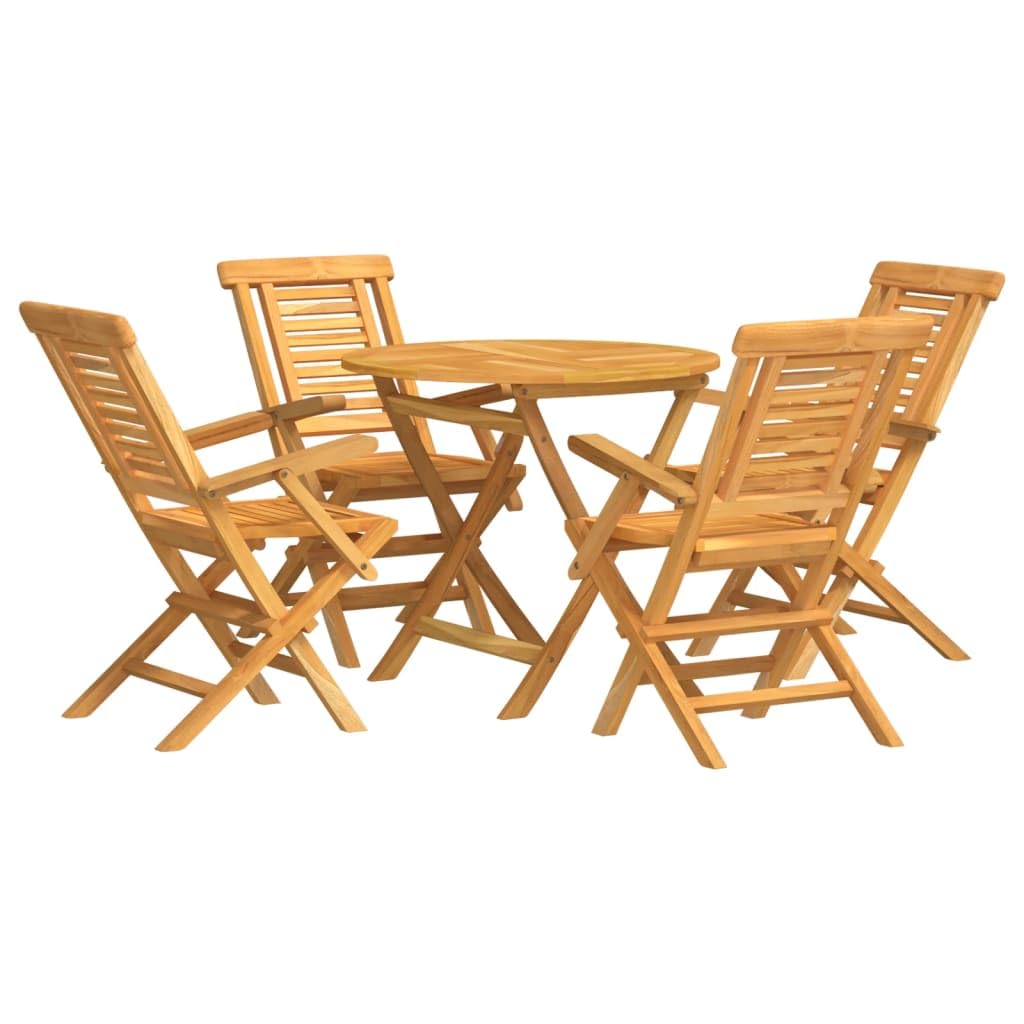 vidaXL 5-Piece Patio Dining Set - Solid Teak Wood Round Table with Parasol Hole & Foldable Chairs for Outdoor, Deck, Garden