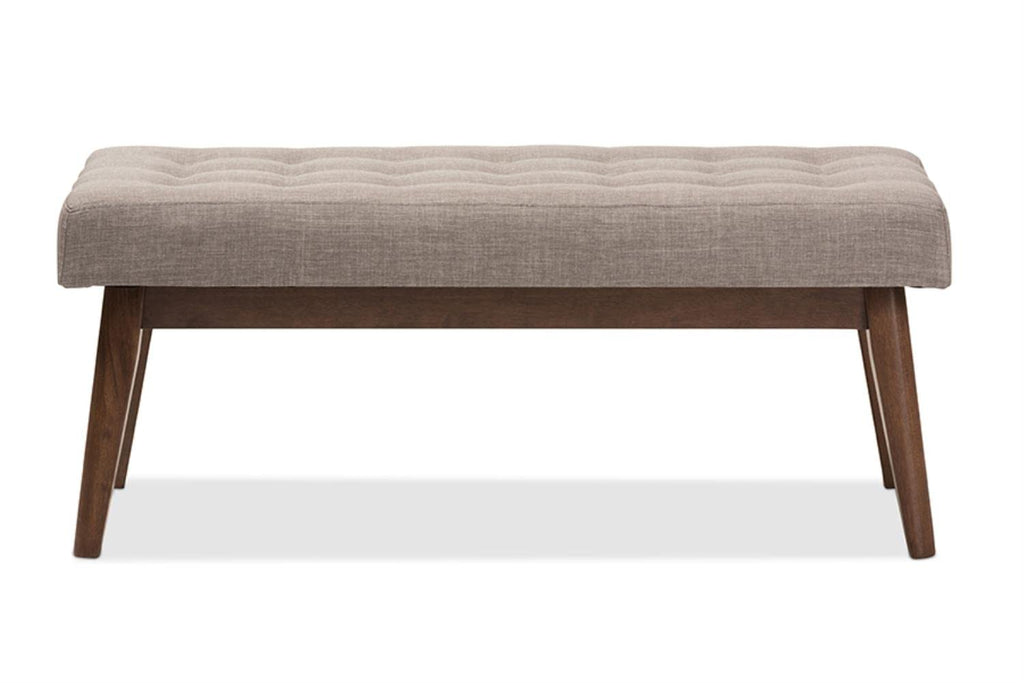 Baxton Studio Elia Mid-Century Modern Walnut Wood Light Grey Fabric Button-Tufted Bench, 17.72 in High, 42.99 in Wide, 15.98 in Deep