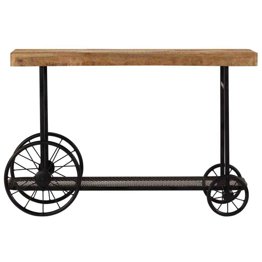 vidaXL Industrial Style Console Table with Decorative Wheels, Solid Mango Wood, Additional Mesh Shelf, Polished and Lacquered, Easy Assembly, Brown - 45.3&quot;x14.2&quot;x29.9&quot;
