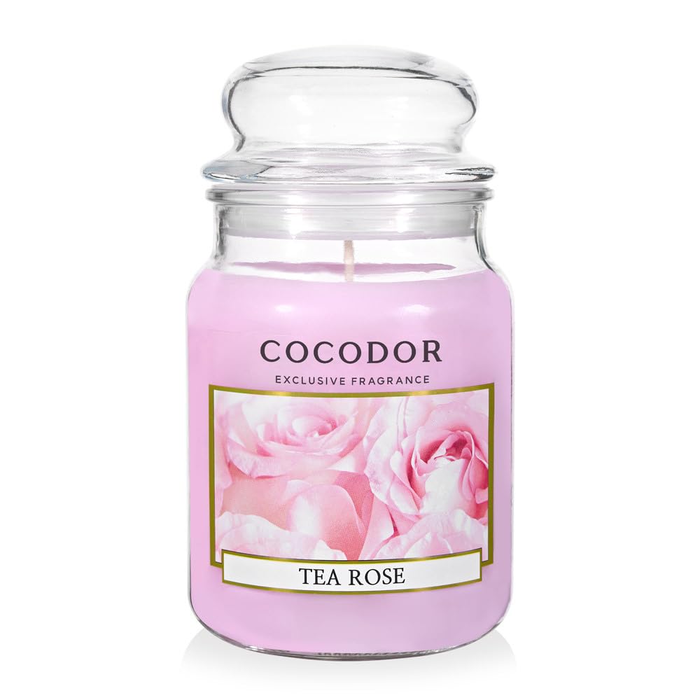 COCODOR Candle Tea Rose Scented, Large Glass Jar 18oz Wick Candle, 110 Hours of Burn Time