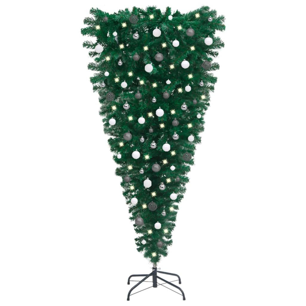 Vidaxl Pre-Lit Upside-Down Artificial Christmas Tree With Ball Set - Pvc Construction, Green Color, Adjustable Branches, Energy-Efficient Leds, Steel Stand, 59.1&quot; Height, 31.5&quot; Width