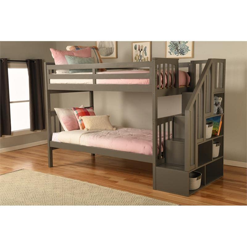 Kodiak Furniture Kelcie Twin/Twin Wood Bunk Bed with Storage and Stairs in Dark Gray