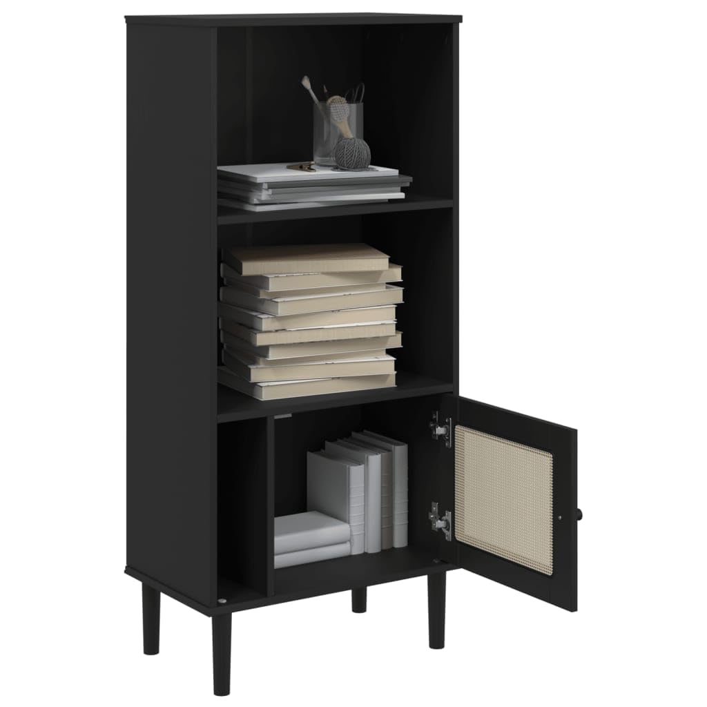 vidaXL SENJA Pine Wood Bookcase - Black, UV Varnish Finished, Freestanding with Rattan Look Design, Ample Storage Space - 23.6&quot;x13.8&quot;x51.2&quot;