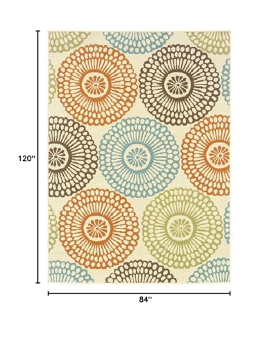 HomeRoots Polypropylene 7’x10’ Beige and Blue Medallion Indoor Outdoor Area Rug