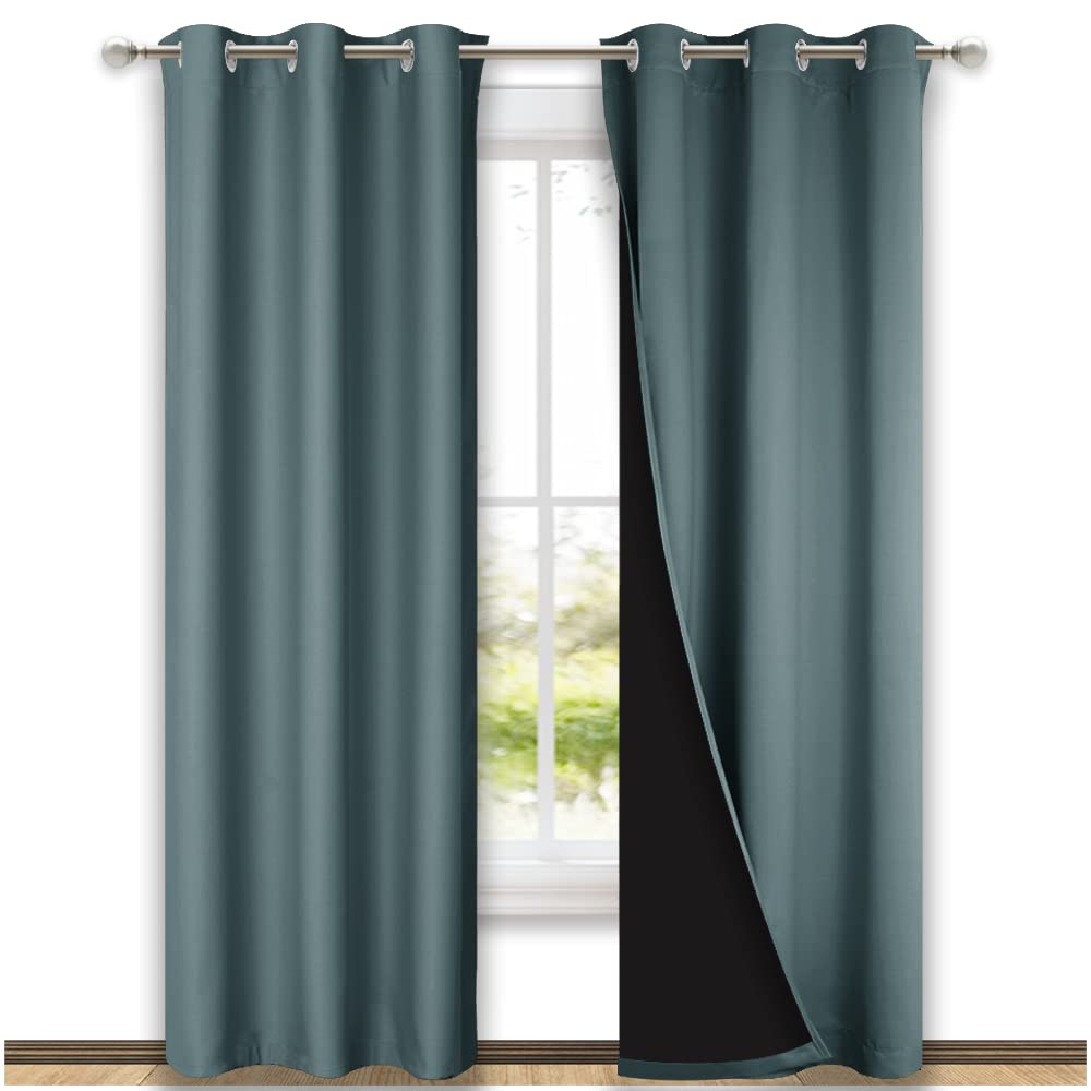 Nicetown Greyish Blue Blackout Curtains 84 Inches Long, Full Light Blocking Drapes With Black Liner For Nursery, Thermal Insulat