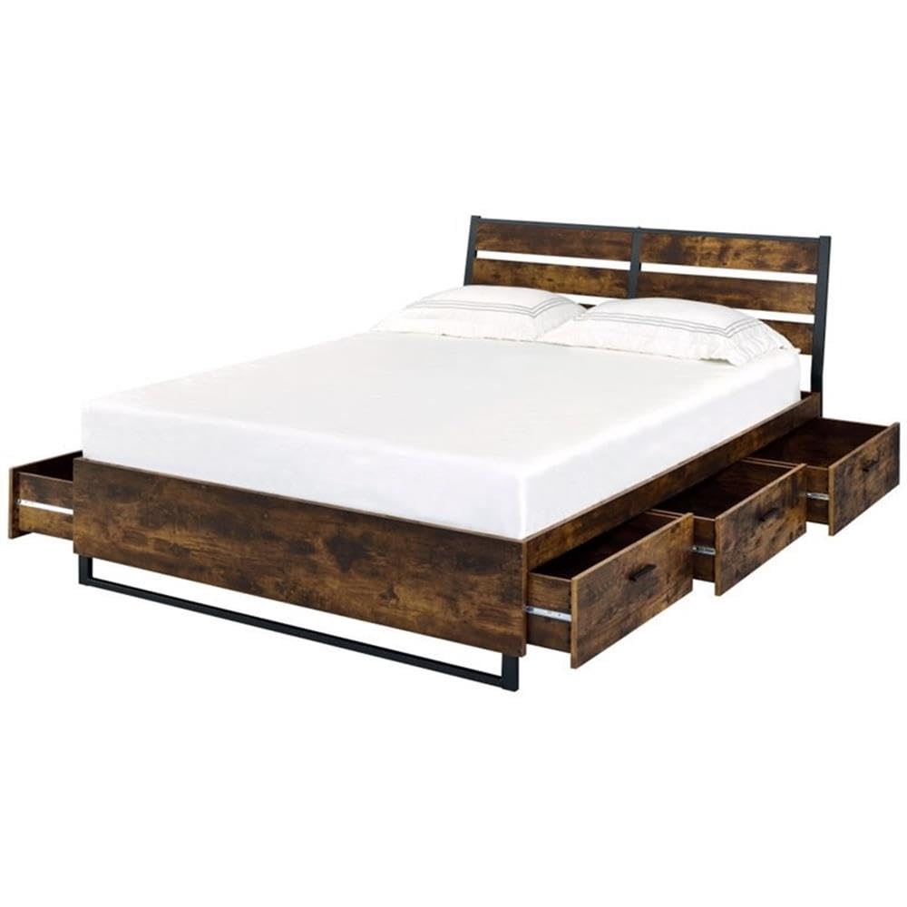 Acme Juvanth Eastern King Wooden Bed with Storage in Oak and Black