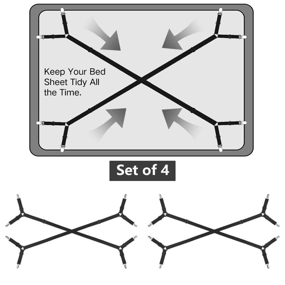 Bed Sheet Straps, Adjustable Fitted Sheet Holders Fasteners Suspenders Gripper Holder Clips, Keep Sheet In Place Firm Tight Bed