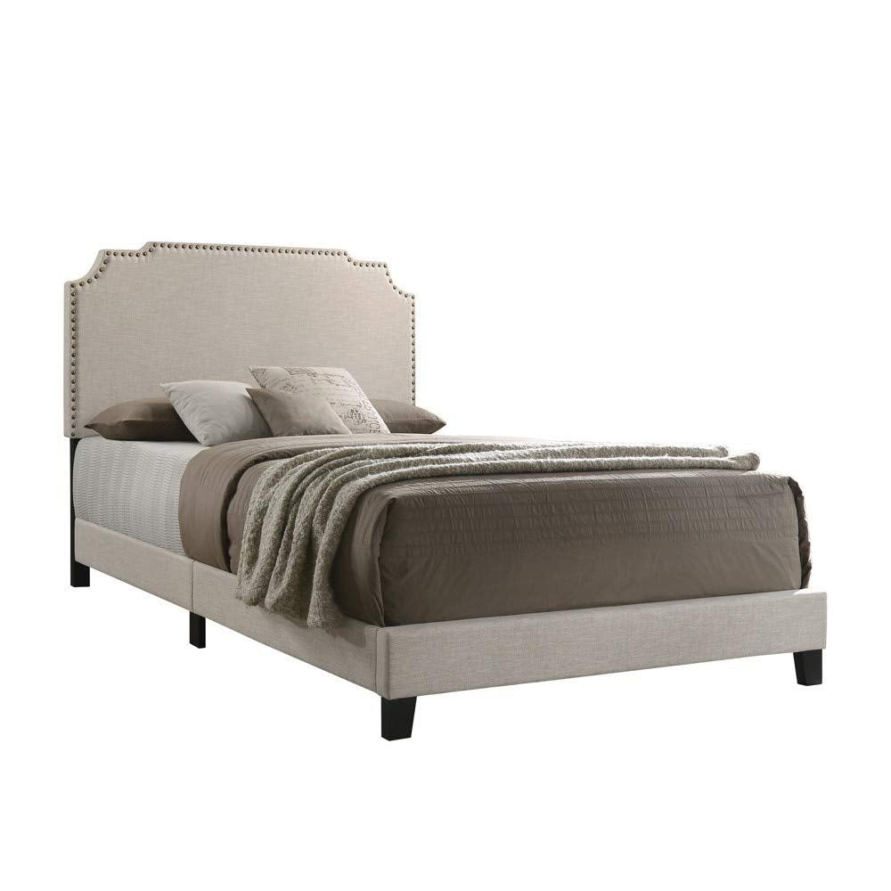 Benjara Fabric Upholstered Wooden Queen Size Bed With Nailhead Trims, Beige