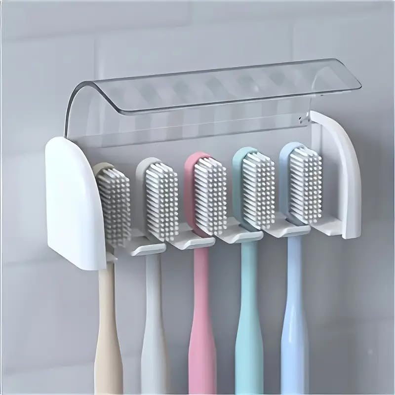 SR SelfAdhesive Plastic Toothbrush Holder with Cover for Bathroom, 5Slot Wall Mounted Toothbrush Organizer (Multicolour, Pack
