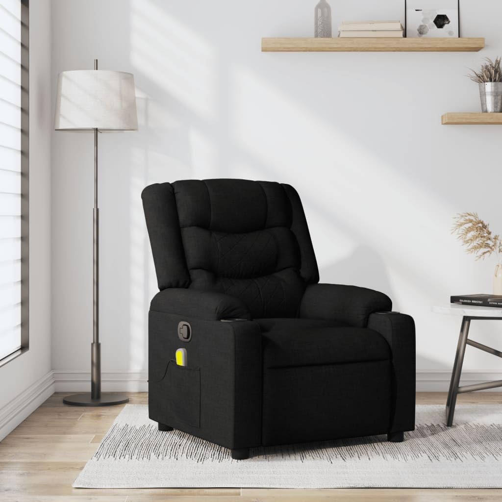vidaXL Massage Recliner Chair - Black Fabric - Manual Adjustment - 6-Point Vibration - Cup Holders - Home, Office, Living Room
