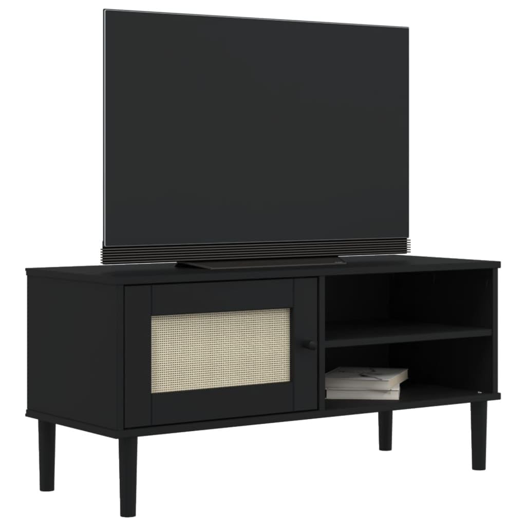vidaXL SENJA Rattan Look TV Stand - Black, Solid Wood Pine, Ample Storage with Compartments and Door, Ideal for Living Room or Entertainment Area