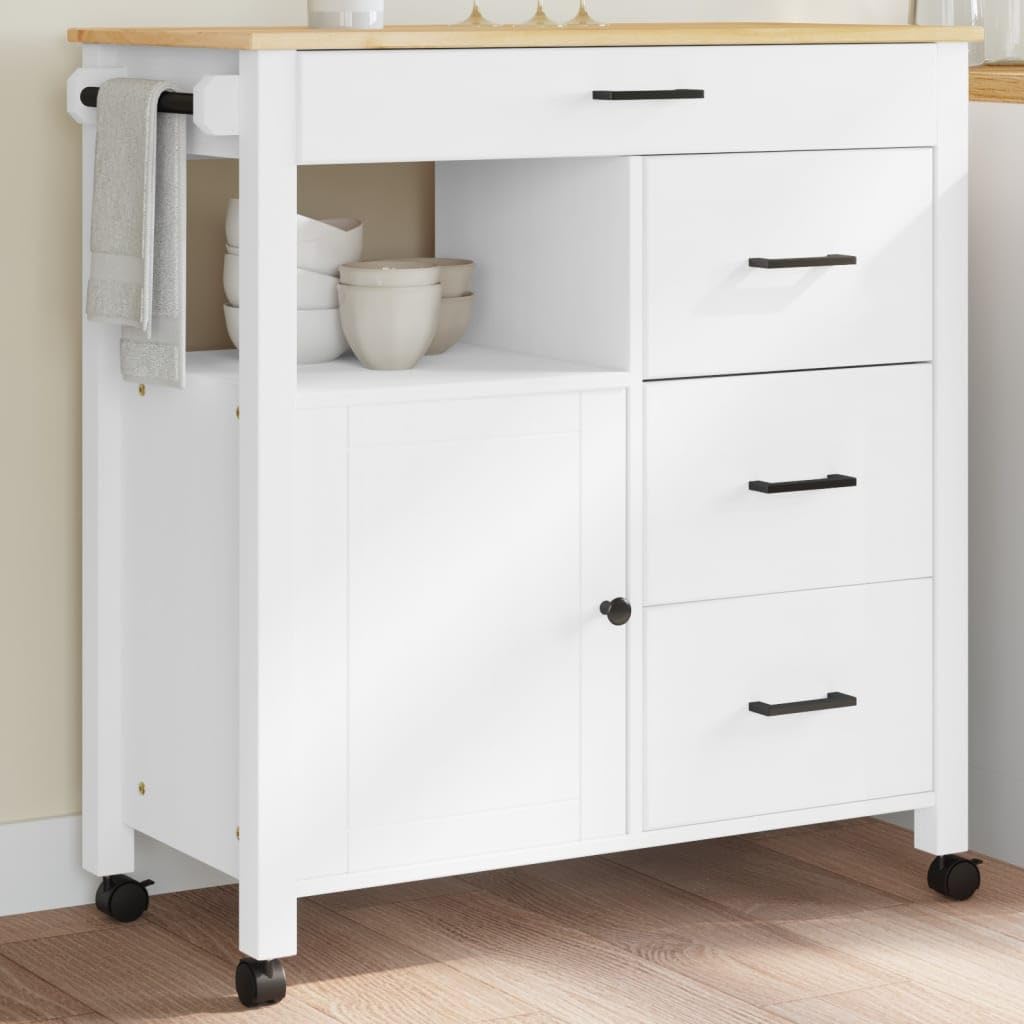 vidaXL Solid Pine Wood Kitchen Trolley - White/Honey Wax, Rolling Storage Cart with Drawers, Cabinet, and Wheels for Home Organization