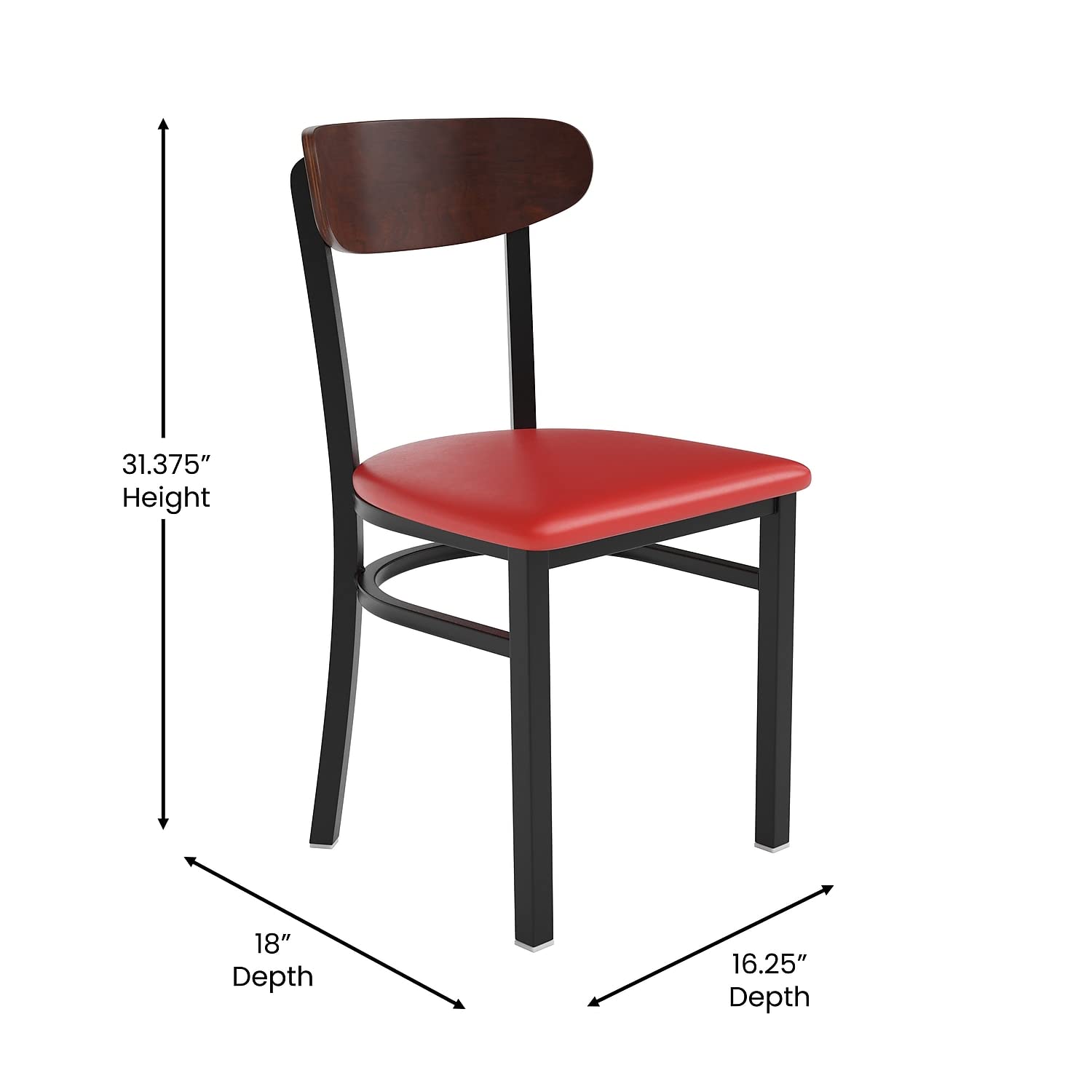 Flash Furniture Wright Commercial Dining Chair 523 Lb. Capacity Black Steel Frame-Integrated Footrest, 1 Pack, Walnut Wood Back/Red Vinyl Seat