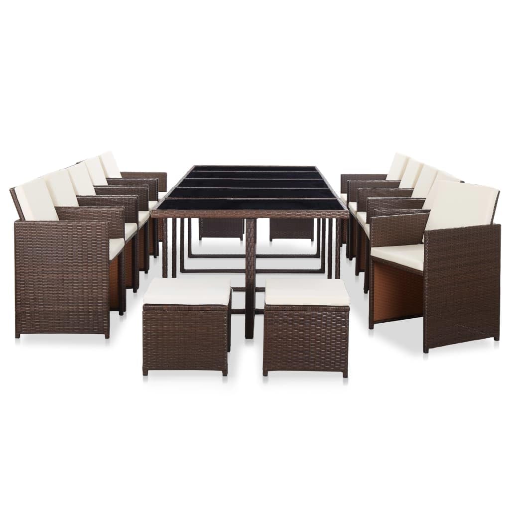 vidaXL 15 Piece Patio Dining Set with Cushions Poly Rattan Brown