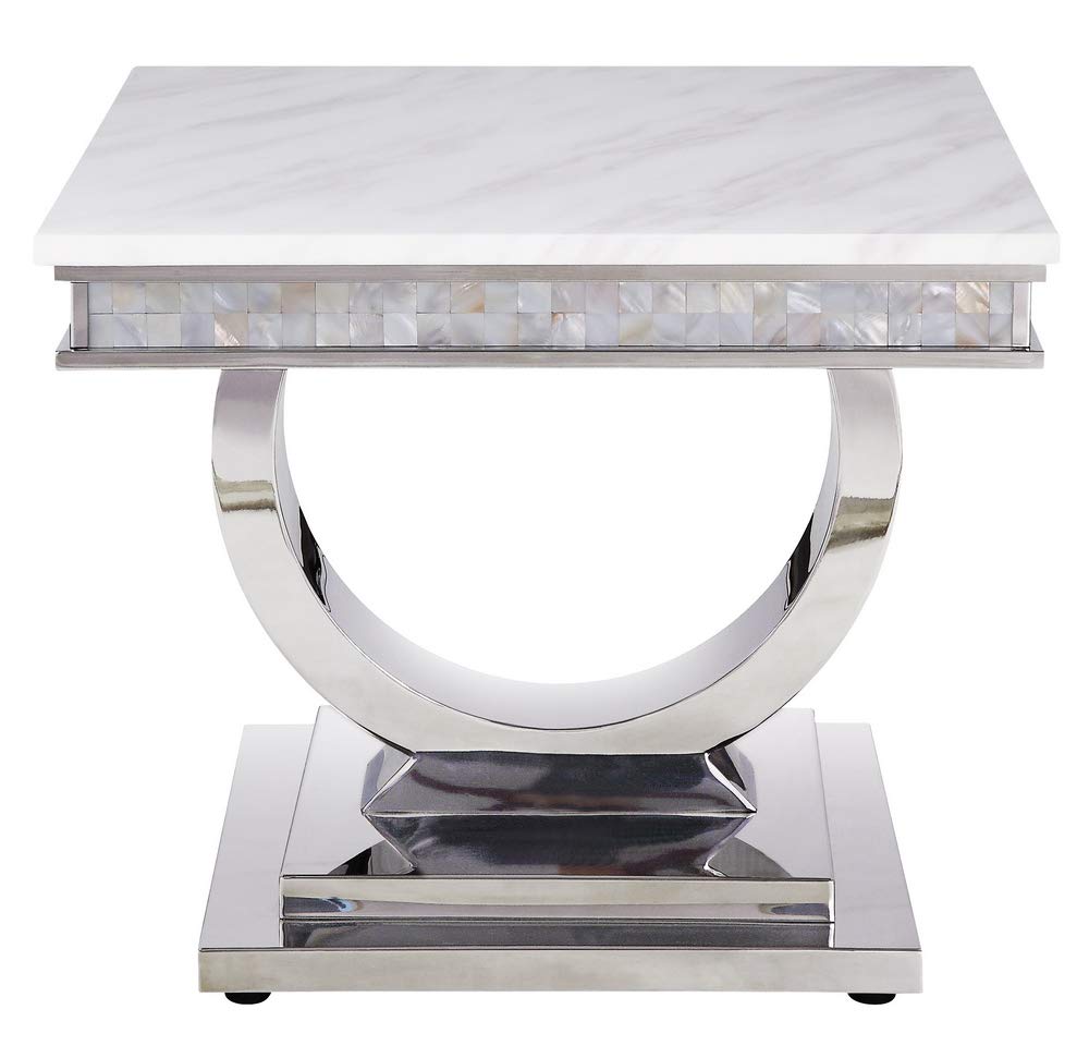 Acme Furniture Zander End Table in White Printed Faux Marble & Mirrored Silver Finish