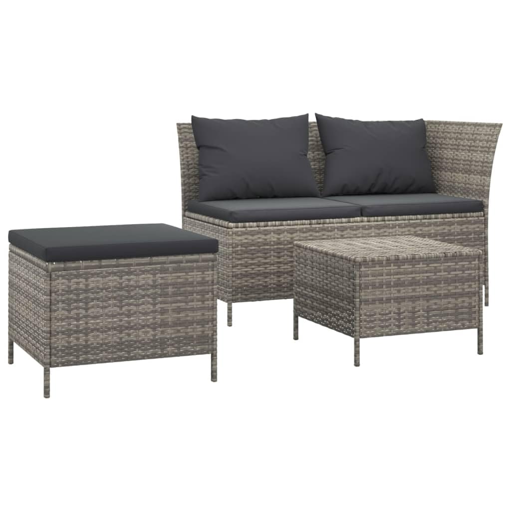 vidaXL 3 Piece Patio Lounge Set - Outdoor Furniture Set with Storage Corner Sofa, Stool, Coffee Table and Cushions - Gray Poly Rattan with Powder-Coated Steel Frame