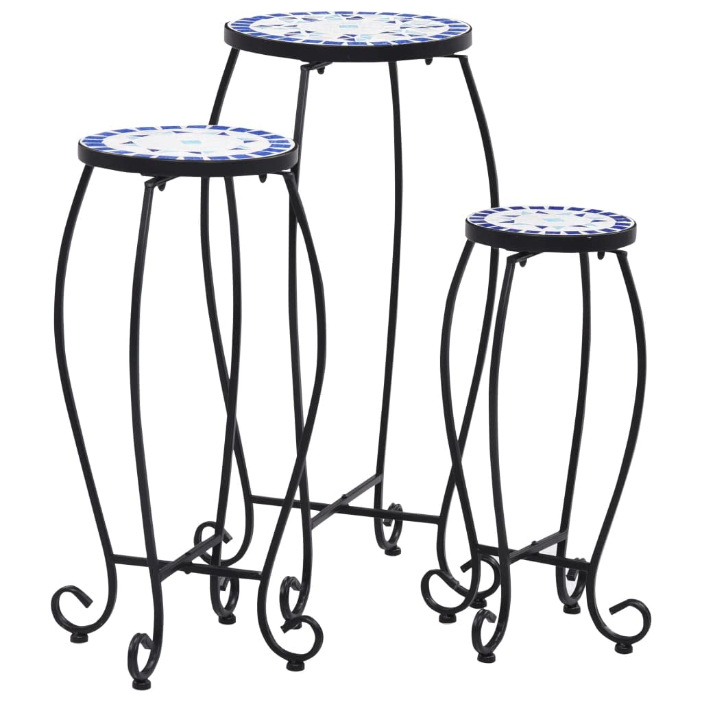 vidaXL 3 Pcs Blue and White Ceramic Mosaic Table Set - Indoor Coffee Table Plant Stand for Living Room, Garden, Balcony - Easy to Clean Ceramic Tops