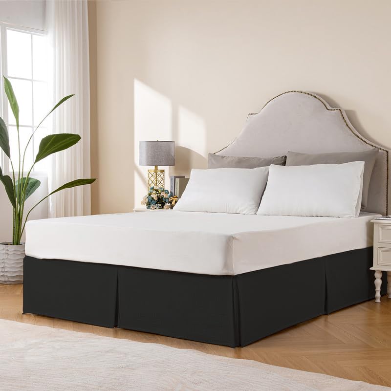 Miye Pleated Waffle Weave Bed Skirt, Tailored Dust Ruffle 16 Inch Drop Easy Fit, Machine Washable (Black, Twin - 16'' Drop)