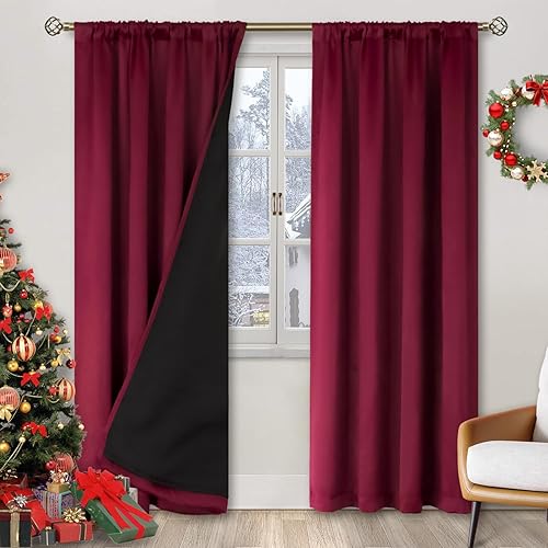 Bgment Burgundy Red Blackout Curtains For Bedroom 84 Inch Length, Rod Pocket 100% Blackout Curtains With Thermal Liner Decorate