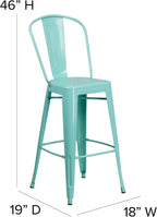 Commercial Grade 30 High Mint Green Metal Indoor-Outdoor Barstool with Back