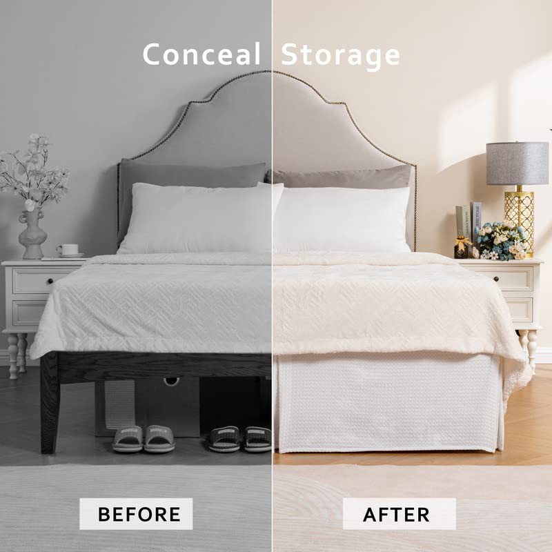 Miye Pleated Waffle Weave Bed Skirt, Tailored Dust Ruffle 18 Inch Drop Easy Fit, Machine Washable (White, Full - 18'' Drop)