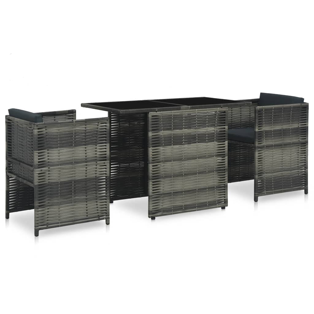 vidaXL 3 Piece Bistro Set - Stylish Outdoor Patio Furniture with Waterproof Poly Rattan Material, Removable Cushions, Glass Tabletop, Gray & Anthracite