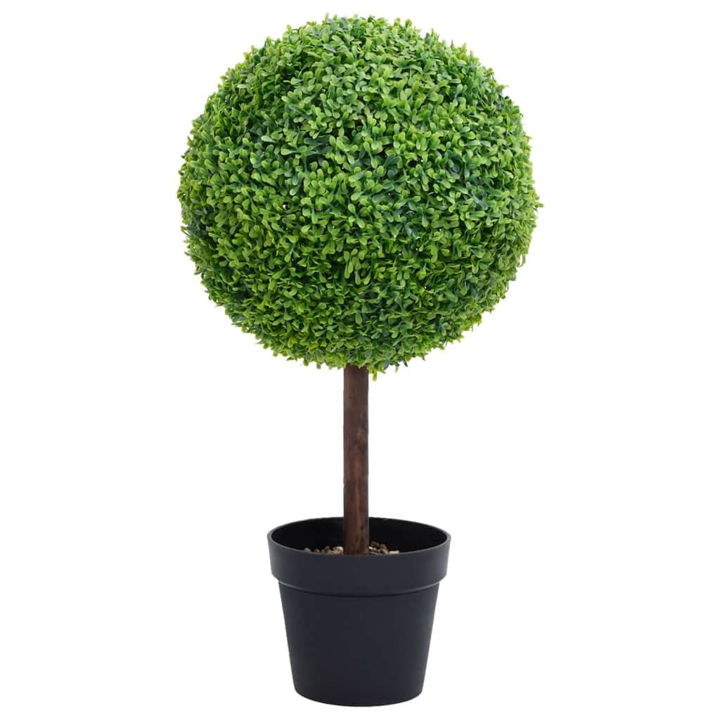 vidaXL 28&quot; Artificial Boxwood Plant and Pot Set, Ball-Shaped, Green, Weather-Resistant Polyethylene, Solid Eucalyptus Wood Stem, Stands Outdoors and Indoors, Low Maintenance