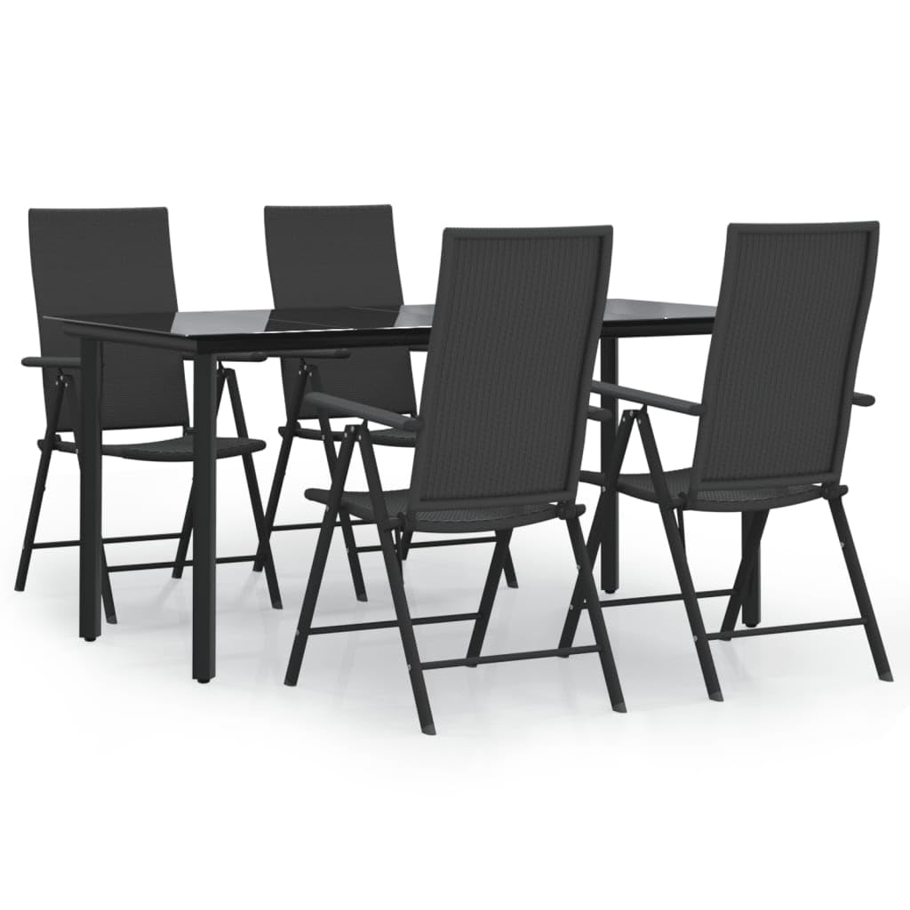 vidaXL Patio Dining Set 7 Piece - Adjustable Reclining Chairs - Foldable - Black Poly Rattan - Tempered Glass Table Top - Modern Outdoor Lounging