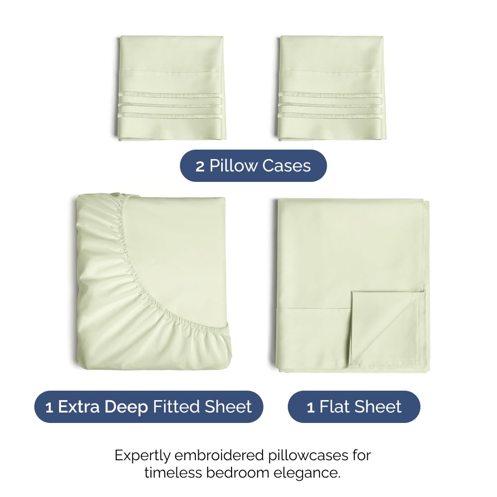 Extra Deep Pocket Queen Sheets - 4 Piece Breathable & Cooling Bed Sheets - Hotel Luxury Bed Sheet Set - Soft, Wrinkle Free & Comfy - Easily Fits Extra Deep Mattresses - Light Sage Green Sheets Set