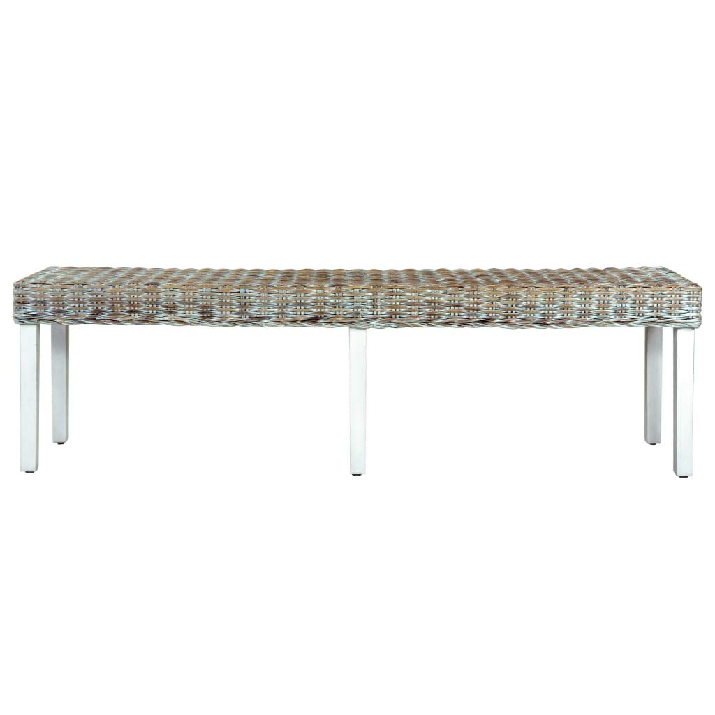 vidaXL Solid Mango Wood & White Kubu Rattan Bench 63&quot; - Lounge/Hall/Dining Seating, Easy to Assemble, Natural Look