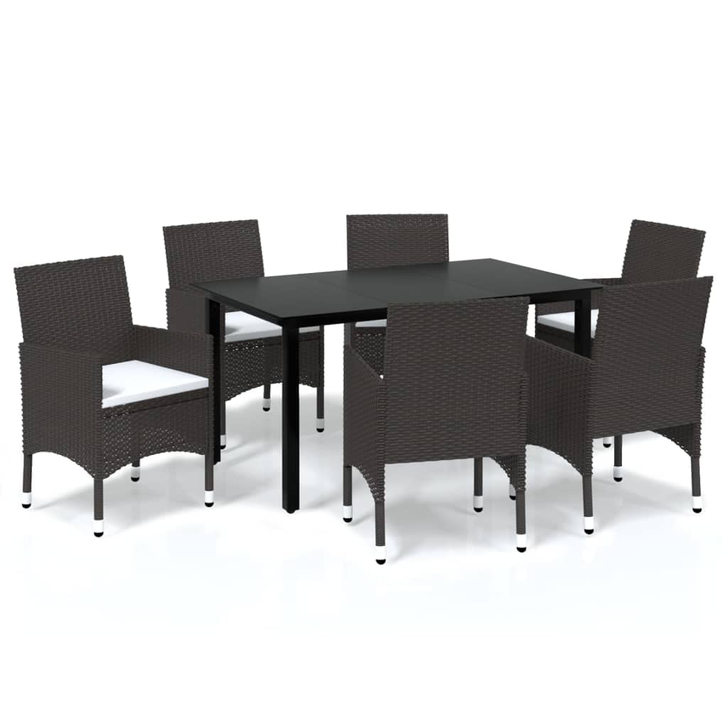 vidaXL Patio Dining Set 7 Piece with Cushions Garden Outdoor Terrace Balcony Dining Table and Chair Seat Seating Furniture Poly Rattan Brown