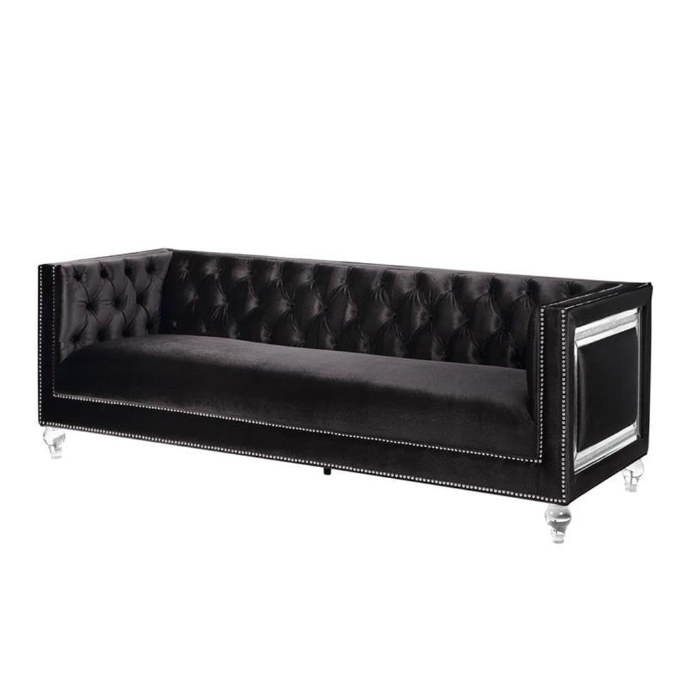 Acme Heibero Button Tufted Velvet Upholstery Sofa with Nailhead Trim in Black