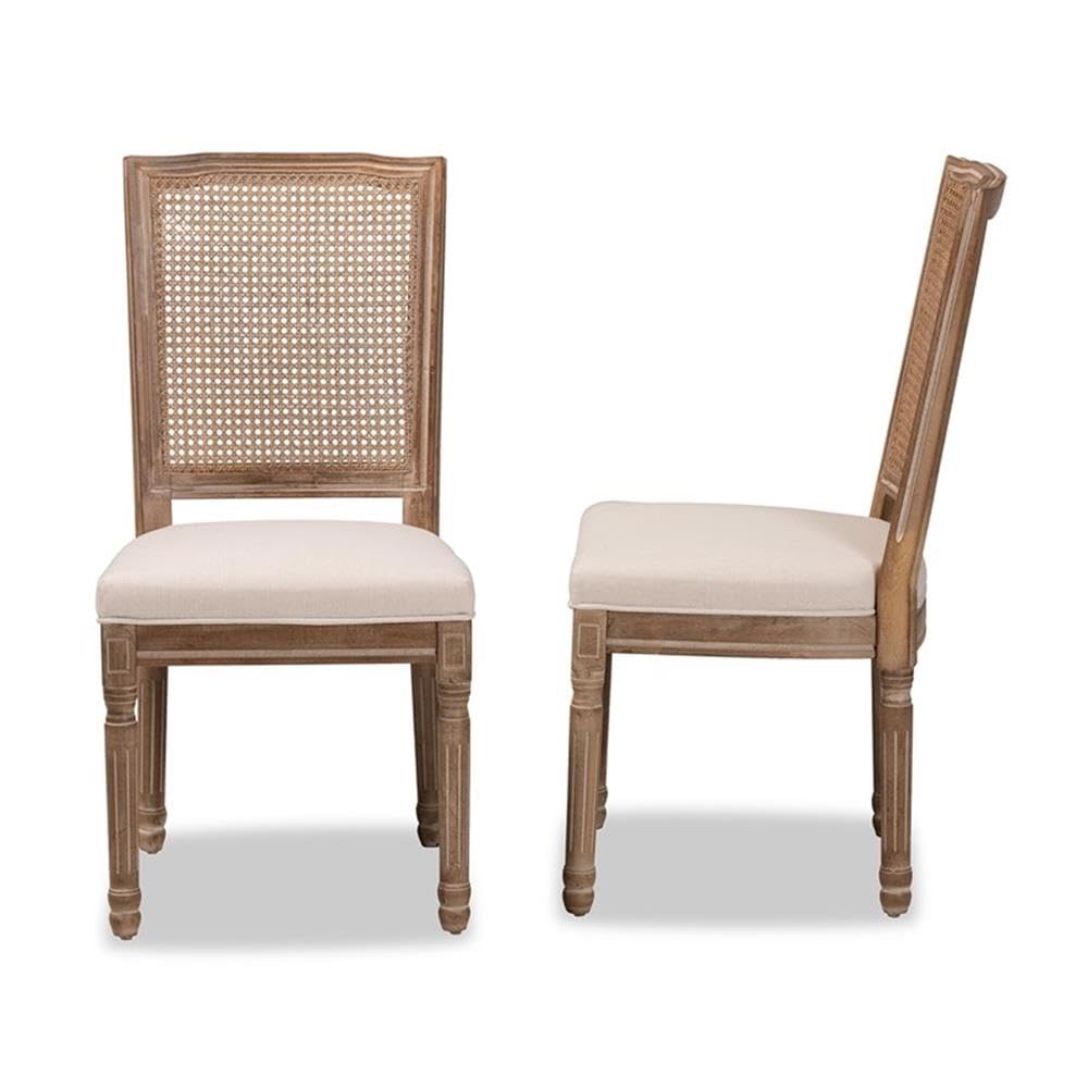 Baxton Studio Louane Traditional French Inspired Beige Fabric Upholstered and Antique Brown Finished Wood 2-Piece Dining Chair Set with Rattan