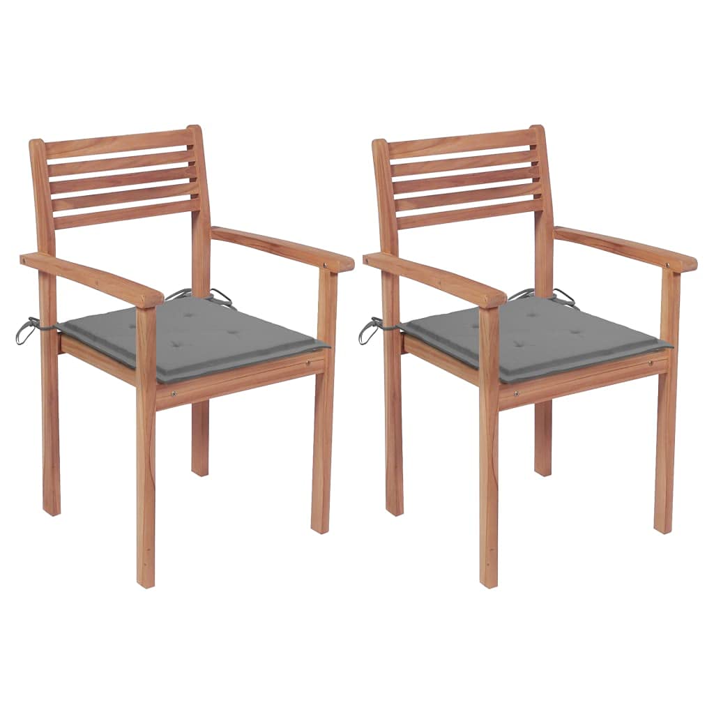 vidaXL Stylish Solid Teak Wood Patio Chairs Set with Gray Cushions - Durable Outdoor Furniture for Homes, Offices, Bars, Cafes - Stackable for Easy Storage