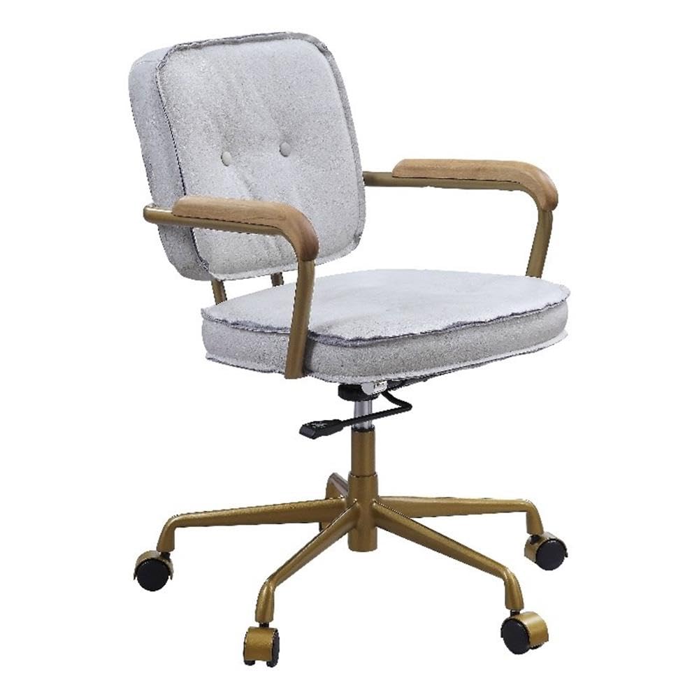 Acme Siecross Office Chair with Wooden Arm in Vintage White Top Grain Leather