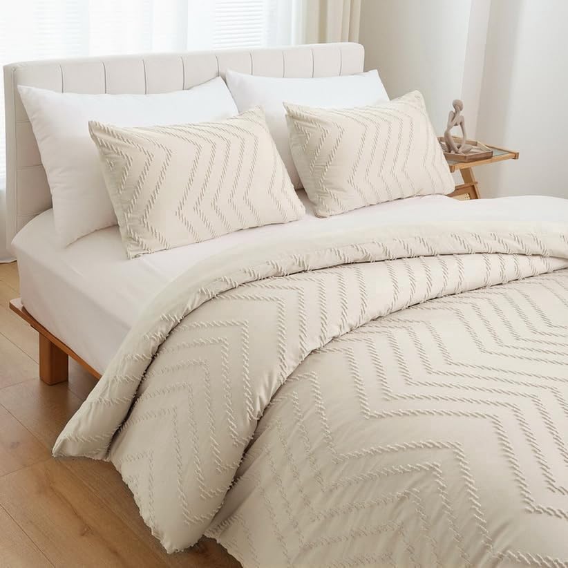 Yirddeo Beige Queen Size Comforter Set 3Pcs Boho Chevron Tufted Cream Comforter Set Farmhouse Lightweight Neutral Bedding Sets (