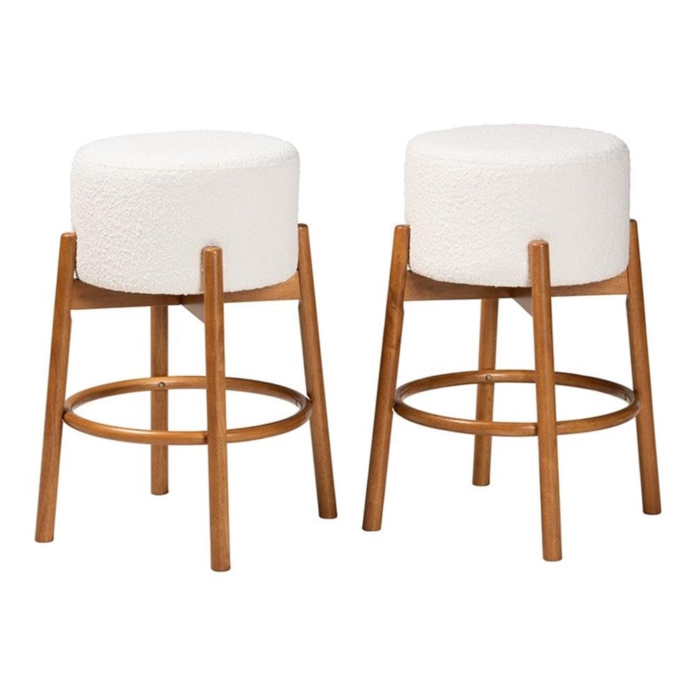 Baxton Studio Olwen Modern Japandi Cream Boucle Fabric And Walnut Brown Finished Wood 2-Piece Bar Stool Set