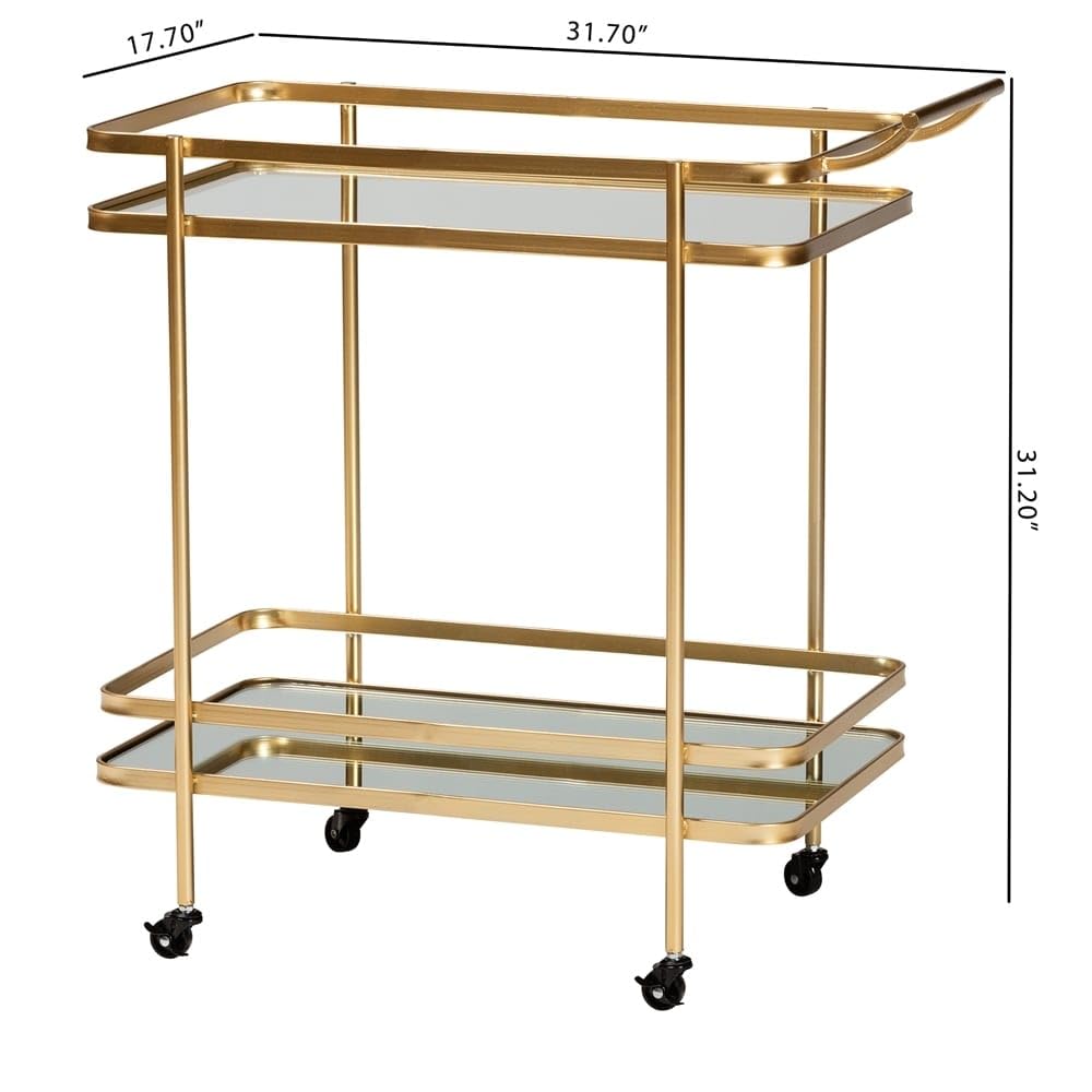 Baxton Studio Destin Modern and Contemporary Glam Brushed Gold Finished Metal and Mirrored Glass 2-Tier Mobile Wine Bar Cart