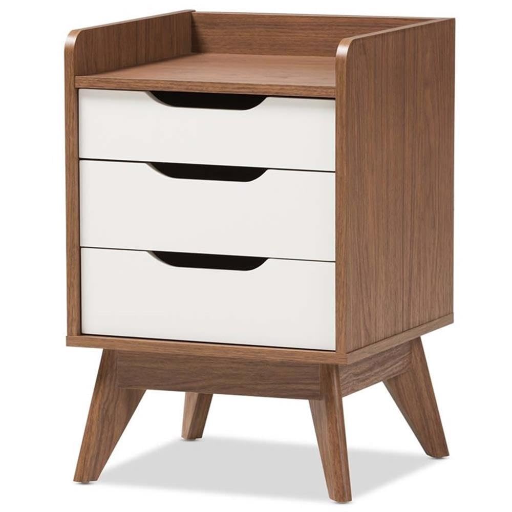 Baxton Studio Brighton Mid-Century Modern White and Walnut Wood 3-Drawer Storage Nightstand