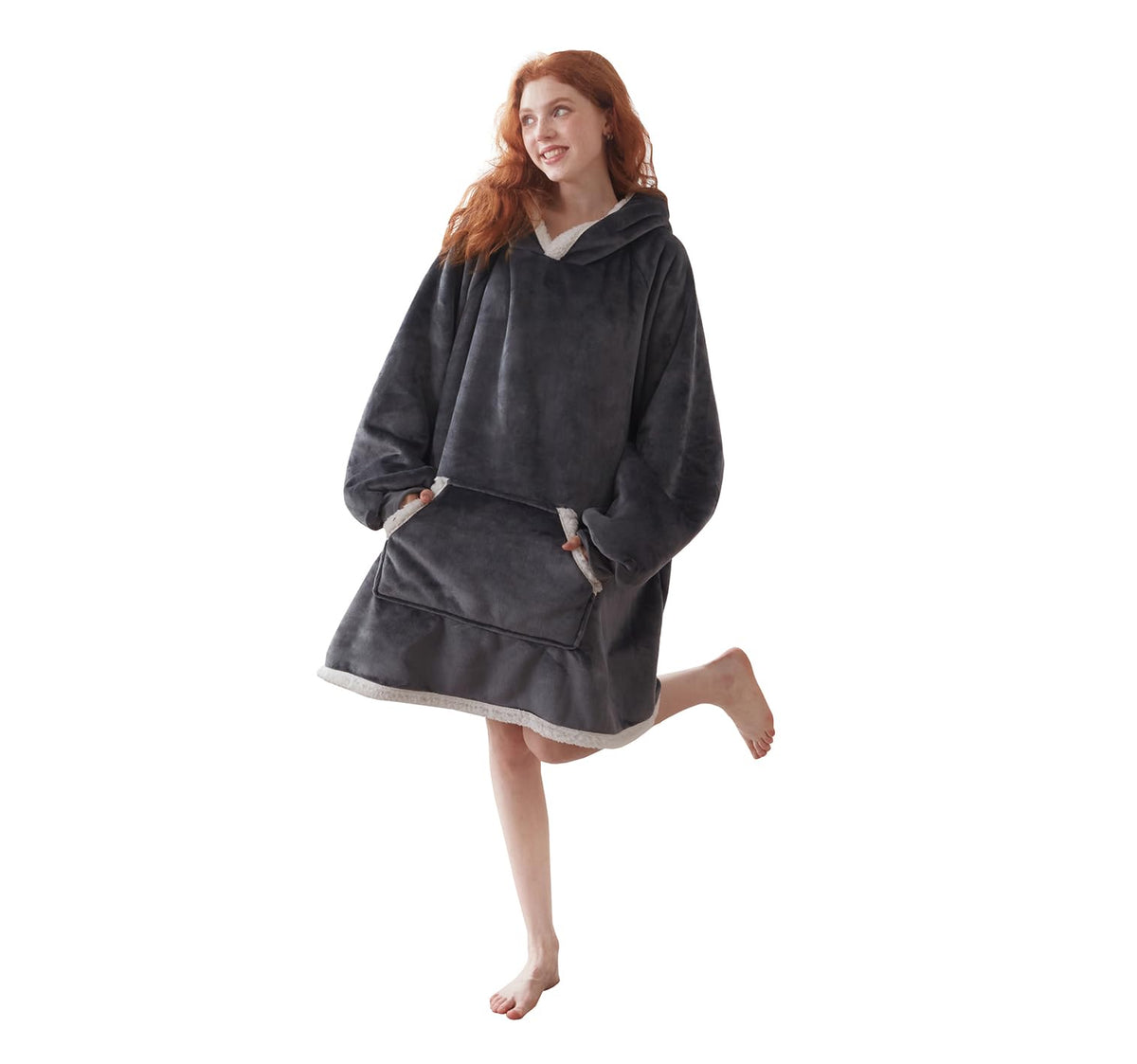 Coova Wearable Blanket Hoodie, Oversized Flannel&Sherpa Hooded For Women And Men, Cozy Sweatshirt With Giant Pocket, Grey